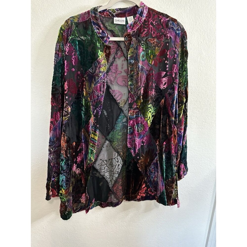 Chico's Burnout Velvet Floral Boho Multicolor Silk Blend Blouse Top Size 1 Small